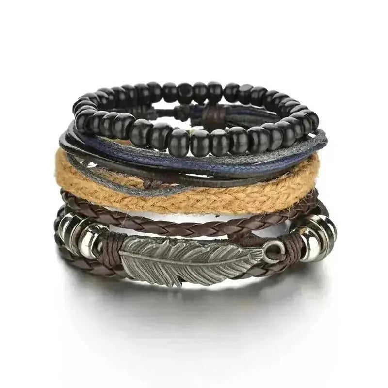 braided leather bracelet for men | vintage charm wood beads | adjustable wrap wristband | ultrasonic cleaning