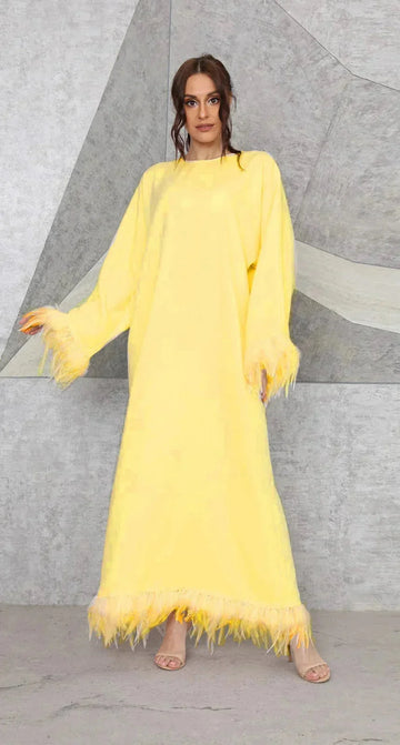 feather detail maxi dress | long sleeve round neck dress | lace-up back dress | ultrasonic cleaning