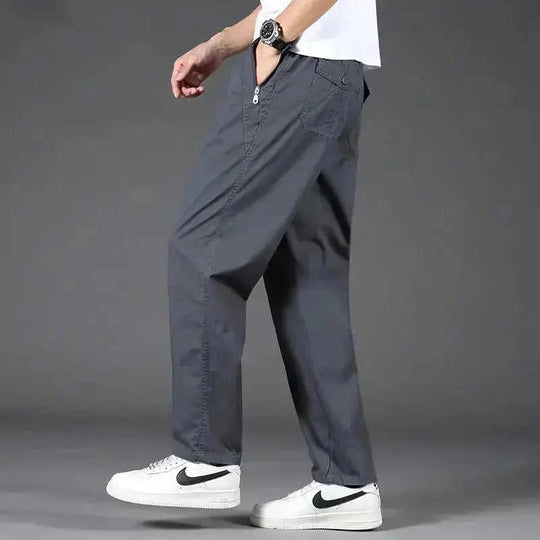 stretch cotton fabric | elastic waistband with drawstring | relaxed fit trousers | energy saving