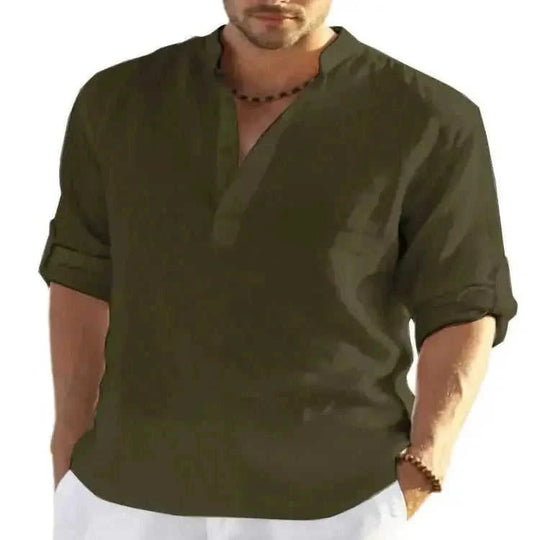 cotton linen blend fabric | loose fit long sleeve shirt | mens casual solid color shirt | energy saving