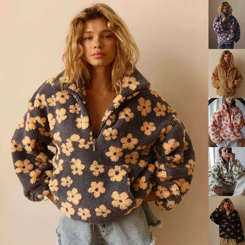Winter Flowers Lambskin Sweatshirt With Big Pocket Casual Loose Zip-up Lapel Pullover Top Women's Clothing Meifu Market