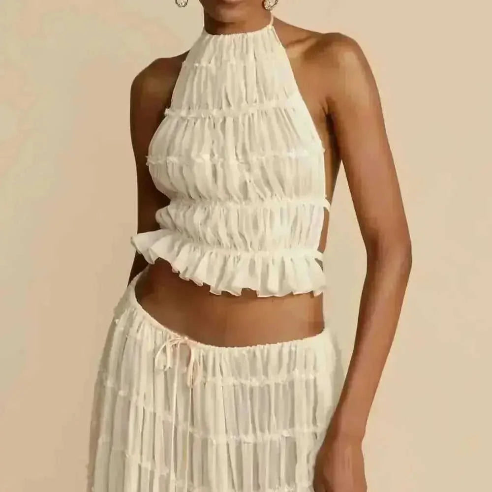 2pcs Women's Dress Suit Sexy Sleeveless Backless Cropped Halter Top And Pleated Long Skirt Beach Clothing - back view...