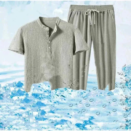 cotton linen blend fabric | short sleeve suit set | breathable summer suit | energy saving