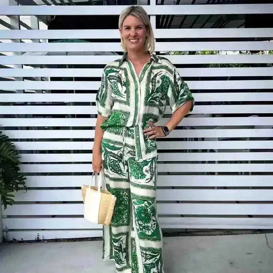 stretch-fabric printed pantsuit | office-to-evening outfit | free shipping today | energy saving