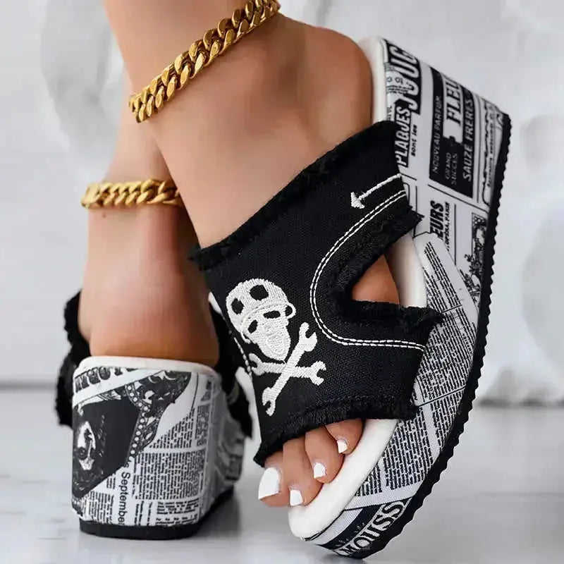 Newspaper Skull Original Hem Platform Wedge Slides - Anklet Not Included Meifu Market