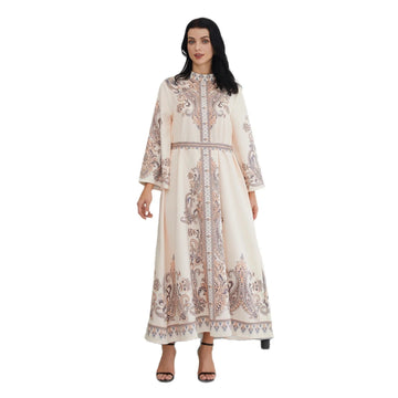 stand collar long dress | retro muslim dress | printing long dress | energy saving