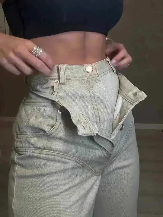 high-waisted denim jeans | double layer denim pants | stretchy mom jeans for women | energy saving