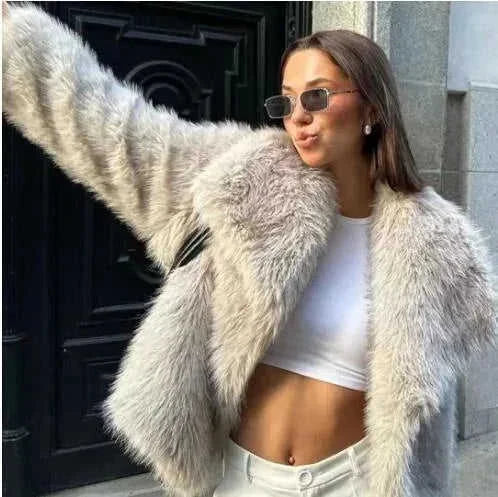 plush sherpa coat for women | long winter coat with lapel | thickened warm jacket | energy saving