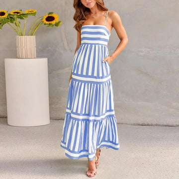 summer striped maxi dress | backless beach dress with pockets | square neck long dress | energy saving