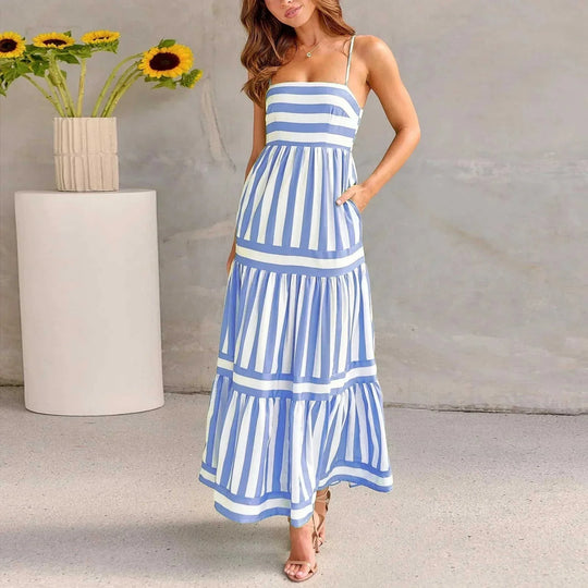 striped maxi dress with pockets | square neck backless dress | lightweight cotton blend dress | ultrasonic cleaning