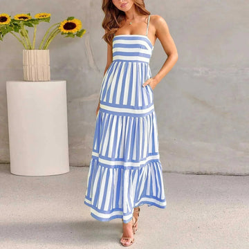 striped maxi dress with pockets | square neck backless dress | lightweight cotton blend dress | ultrasonic cleaning