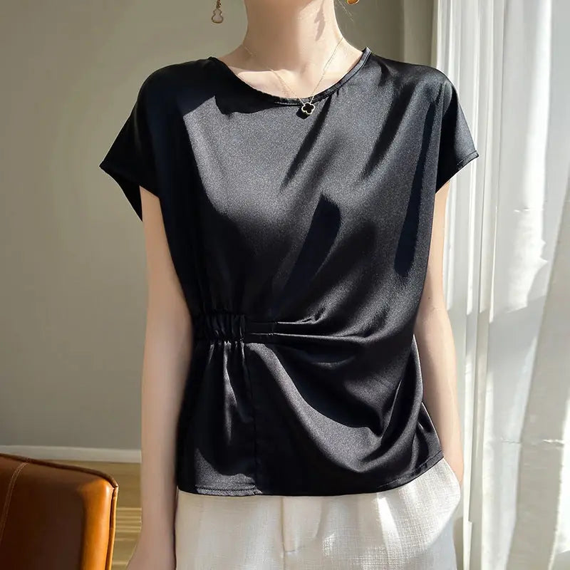 Crew-neck Simple All-match Drawstring Short-length Short-sleeve T-shirt M - front view 0