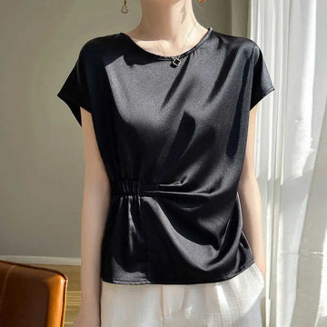 Crew-neck Simple All-match Drawstring Short-length Short-sleeve T-shirt M - front view 0