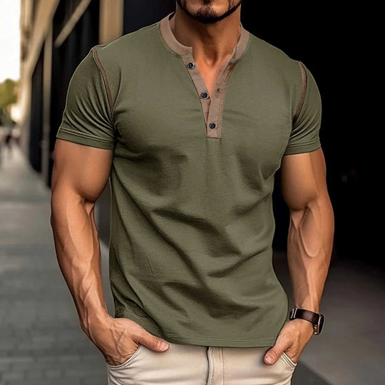 Fashion Short-sleeved Polo Shirt Summer Button V-neck T-shirt Tops Mens Clothing Dark Grey - reverse side showing construc...
