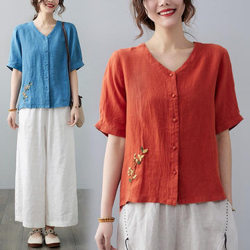 Women's Retro Linen Solid Color Short-sleeved T-shirt Meifu Market