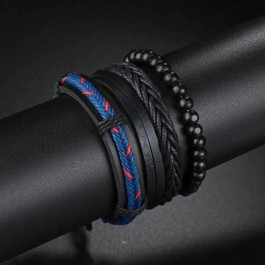 braided leather bracelet for men | vintage charm wood beads | adjustable wrap wristband | energy saving