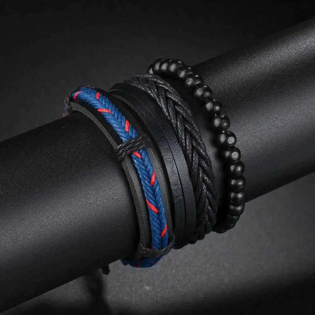 braided leather bracelet for men | vintage charm wood beads | adjustable wrap wristband | energy saving