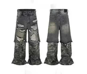 Camouflage Stitching Micro-pull Wide Leg Ripped Ripped Jeans - Meifu Market