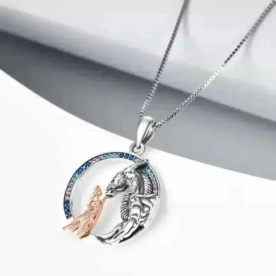 925 Sterling Silver Dragon Necklace - Girl & Dragon Queen Princess Pendant with Zircon Crystals - back view (color:...