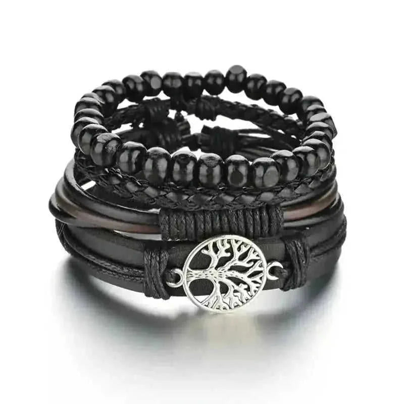 braided leather bracelet for men | vintage charm wood beads | adjustable wrap wristband | energy saving