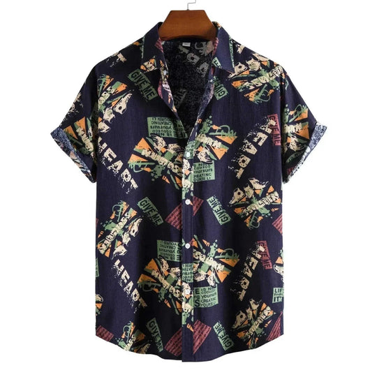 vintage letter print shirts | loose fit short sleeve shirts | cotton linen blend fabric | ultrasonic cleaning