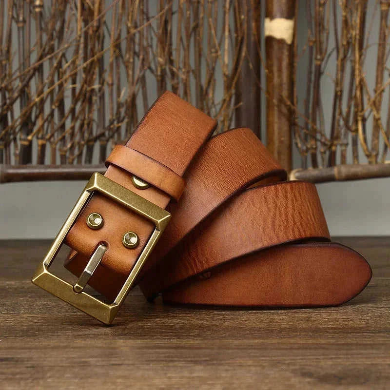 thick full-grain cowhide belt | solid brass roller buckle | heavy-duty leather belt | energy saving