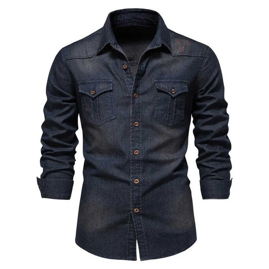 Men's Long-sleeved Denim Shirt Casual Solid Button Slim Tops Clothing L - reverse side showing construction
