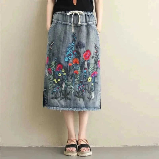 plus size embroidered denim skirt | heavy embroidery maxi skirt | ethnic style denim skirt | ultrasonic cleaning