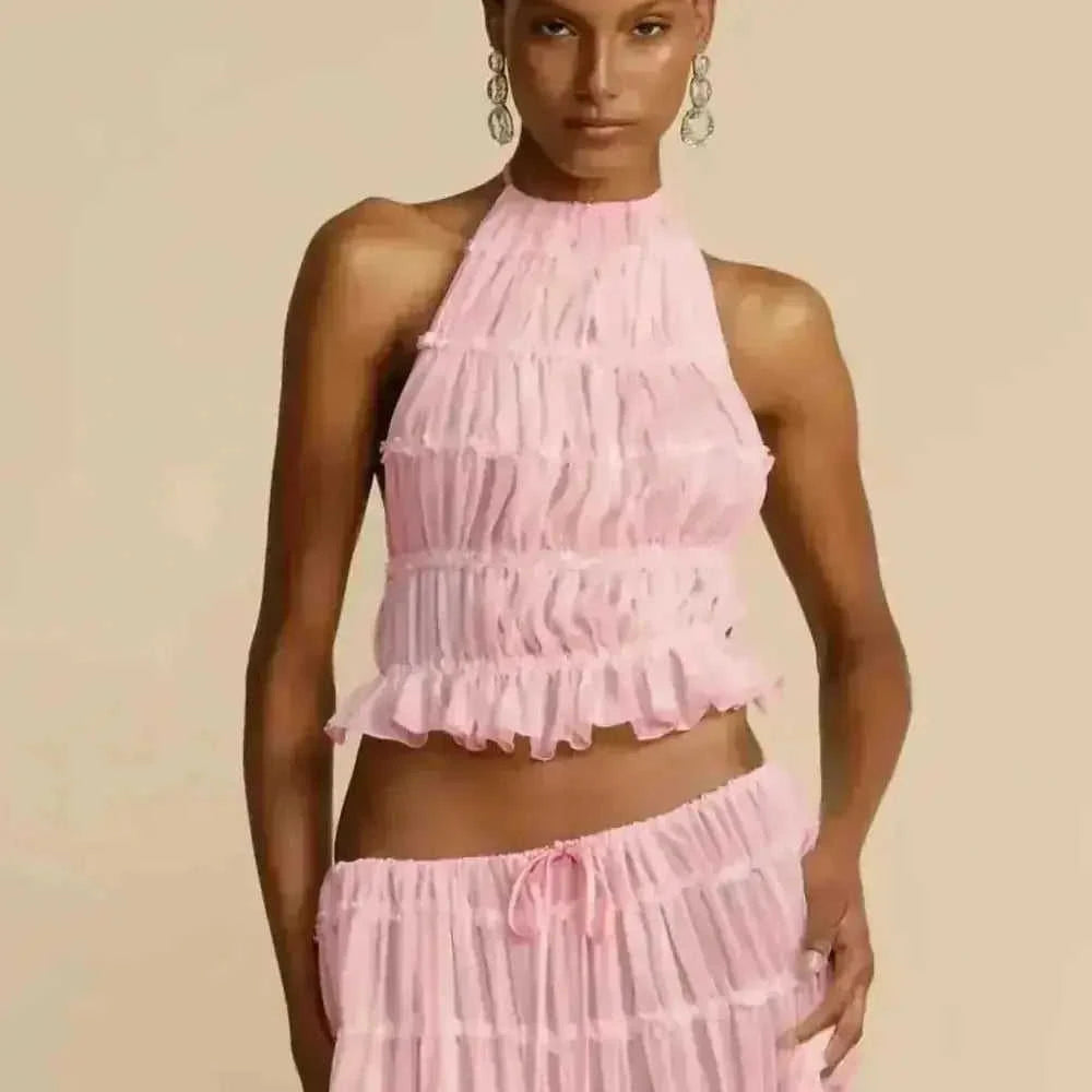 2pcs Women's Dress Suit Sexy Sleeveless Backless Cropped Halter Top And Pleated Long Skirt Beach Clothing - view 6...