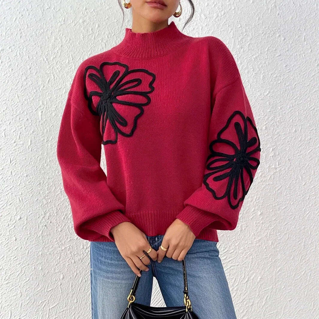 Women's Three-dimensional Ribbon Embroidery Flower Mock Neck Sweater Meifu Market