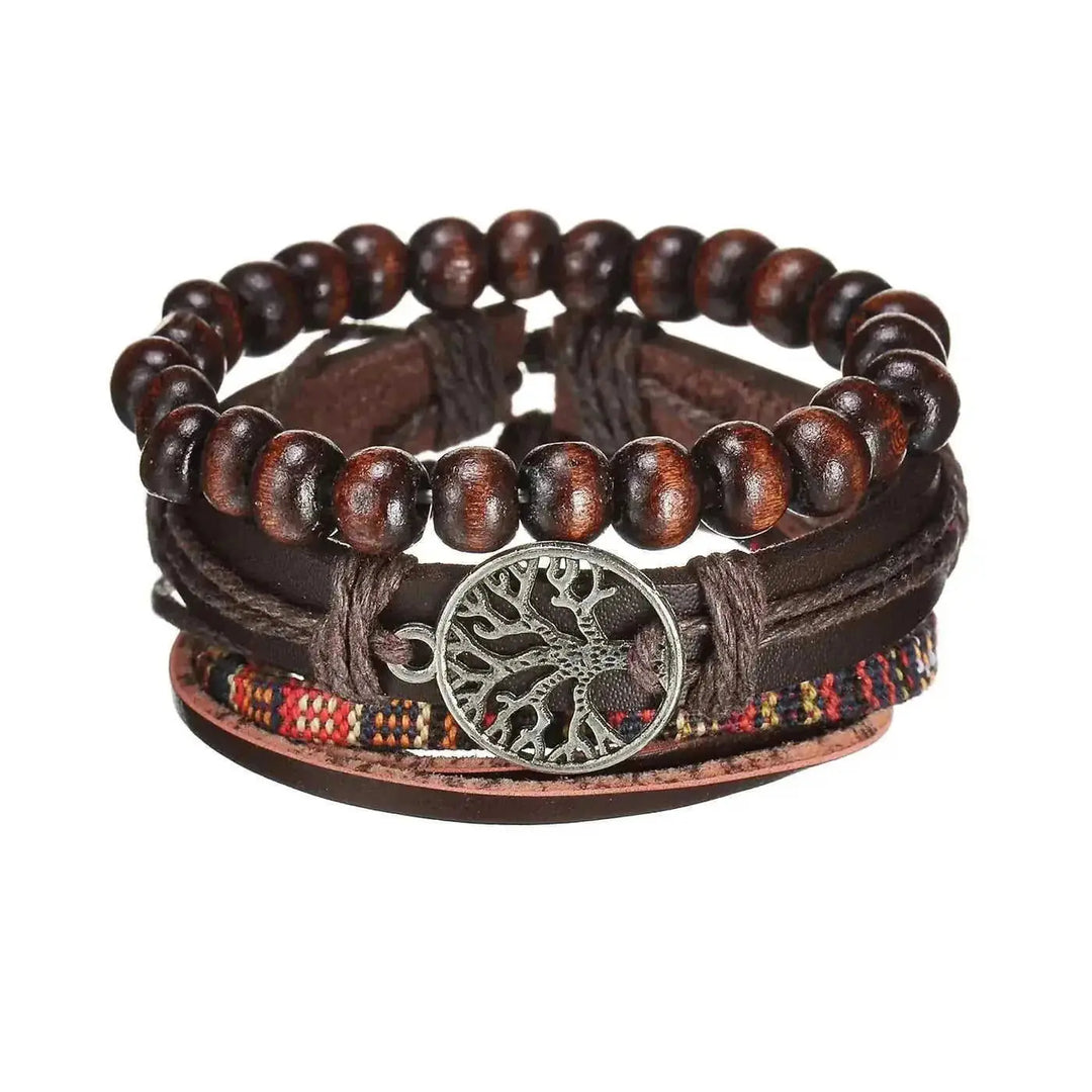 braided leather bracelet for men | vintage charm wood beads | adjustable wrap wristband | ultrasonic cleaning