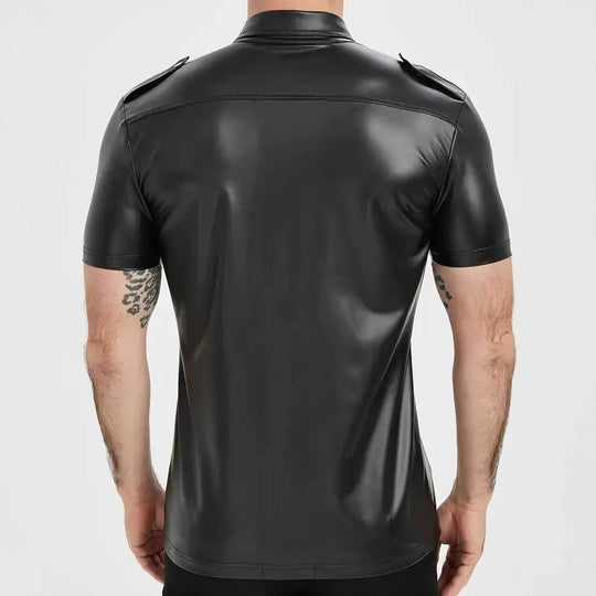 European And American-style Summer Casual Mens Patent Leather Tight-fitting Short-sleeve Top M - close-up detail shot