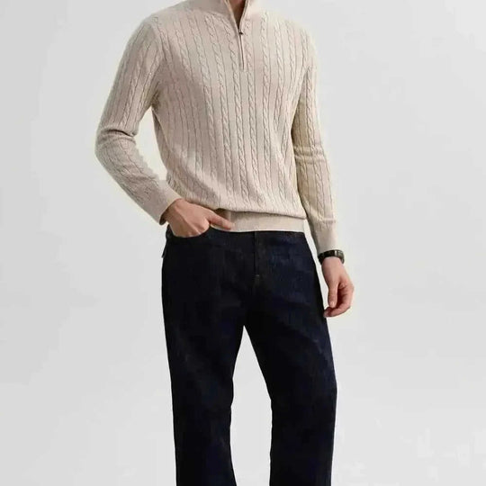 American Old Money Style Stand Collar Twisted Men's Casual Zipper Sweater - lifestyle (material: wool, fleece | pattern:...
