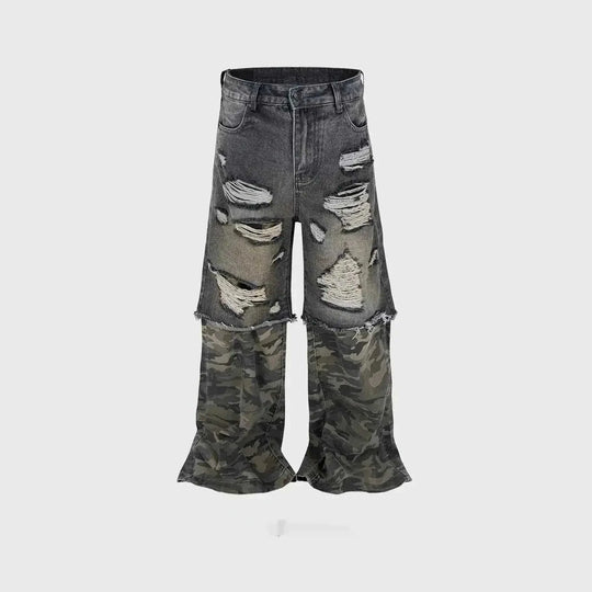 Camouflage Stitching Micro-pull Wide Leg Ripped Ripped Jeans - Meifu Market