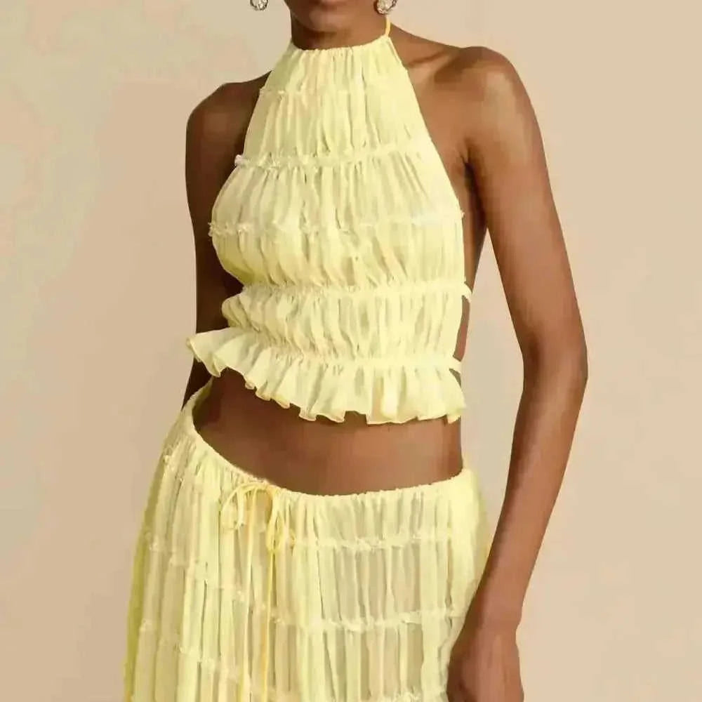 2pcs Women's Dress Suit Sexy Sleeveless Backless Cropped Halter Top And Pleated Long Skirt Beach Clothing - close-up...