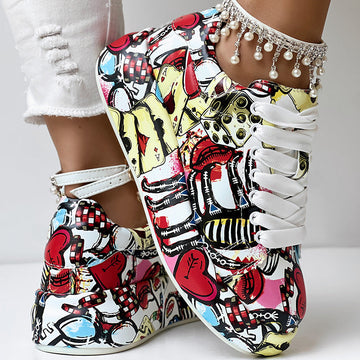 Women's Casual Round Toe Thick Sole Lace-Up Sneakers, Random Print Design, Comfortable Sporty Shoes For Daily Wear Meifu Market