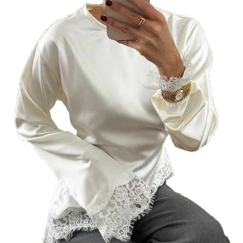 Casual Solid Color Lace Patchwork Top M - styled inawly women's casual solid color lace patchwork ruffle sleeve photo