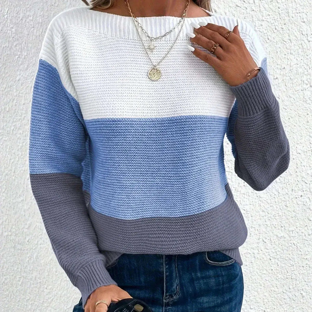 Pullover Knitted Sweater Fashion Round Neck Splicing Knitwear Loose Top Women's Clothing Meifu Market