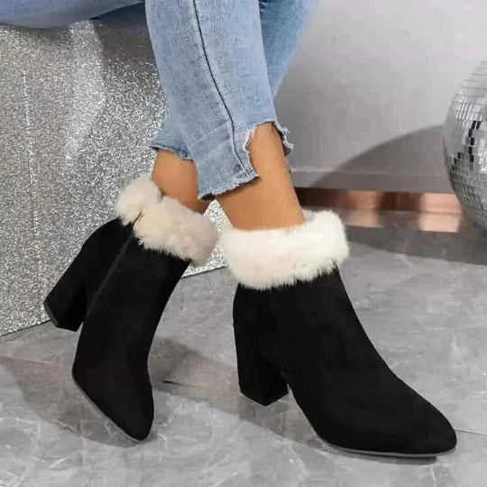 suede plush ankle boots | square heel winter boots | plaid print casual shoes | energy saving