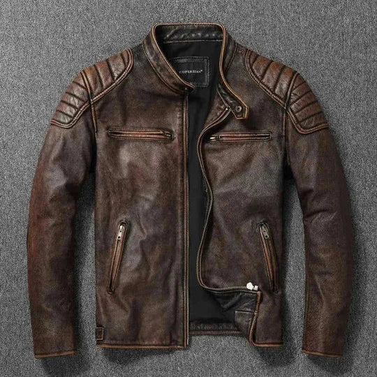 cowhide leather motorcycle jacket | genuine leather biker coat | stand collar leather jacket | ultrasonic cleaning