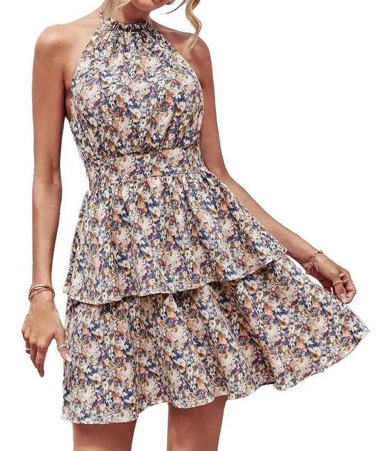 backless summer dress | boho printed halter dress | ruffle trim beach dress | ultrasonic cleaning