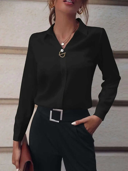 Commuter V-neck Long-sleeved Shirts Ins Fashion Solid Color Pullover Top Autumn And Spring Women's Clothing Meifu Market