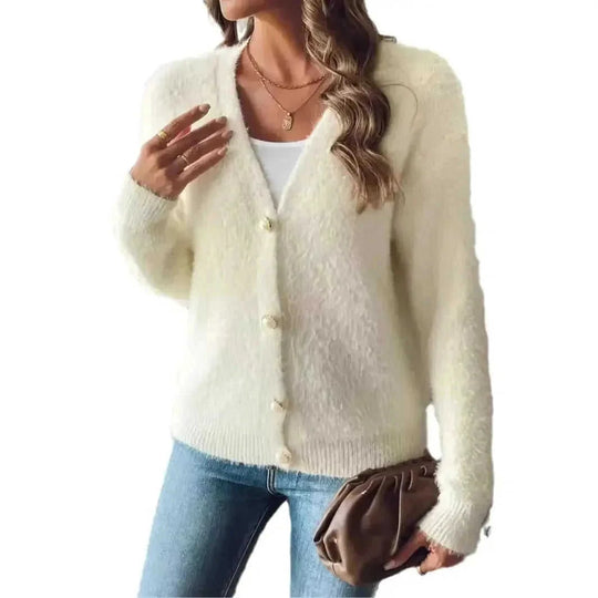 pearl buckle cardigan | four button sweater | woven knit fabric | ultrasonic cleaning