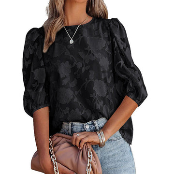 Women's Puff Sleeve Chiffon Loose Top Flower Texture Shirt Meifu Market