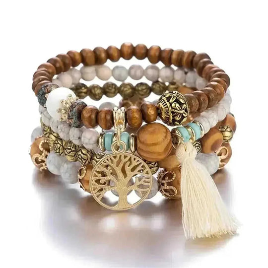 Boho Tree of Life Bracelet Set - 4 Piece Wooden Beads Elastic Bangle with Tassels Charm for Women - Meifu Market