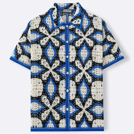 Geometric Hollow-Out Knit Polo — Men's Open Knit Resort Shirt