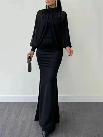 halter neck mesh dress | beaded suspender two-piece set | rhinestone embellished party dress | energy saving