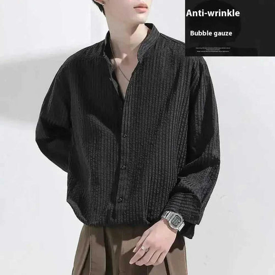 Anti-Wrinkle Seersucker Men's Black Texture Long Sleeve Casual Shirt - side view (material: polyester | color: black |...