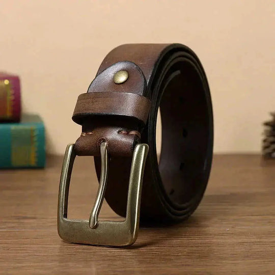 handmade pure copper buckle | full-grain cowhide leather belt | solid brass hardware construction | ultrasonic cleaning
