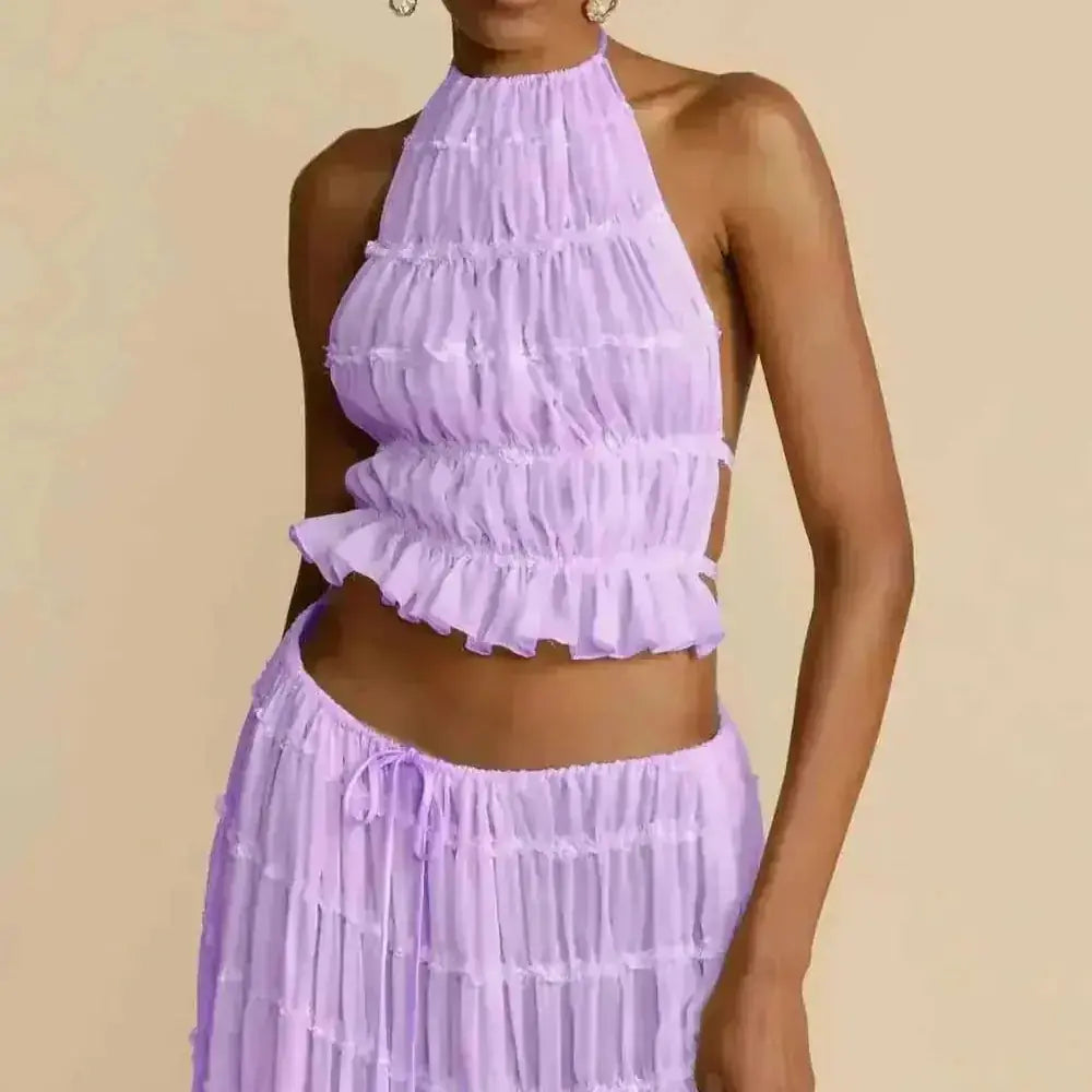 2pcs Women's Dress Suit Sexy Sleeveless Backless Cropped Halter Top And Pleated Long Skirt Beach Clothing - lifestyle...